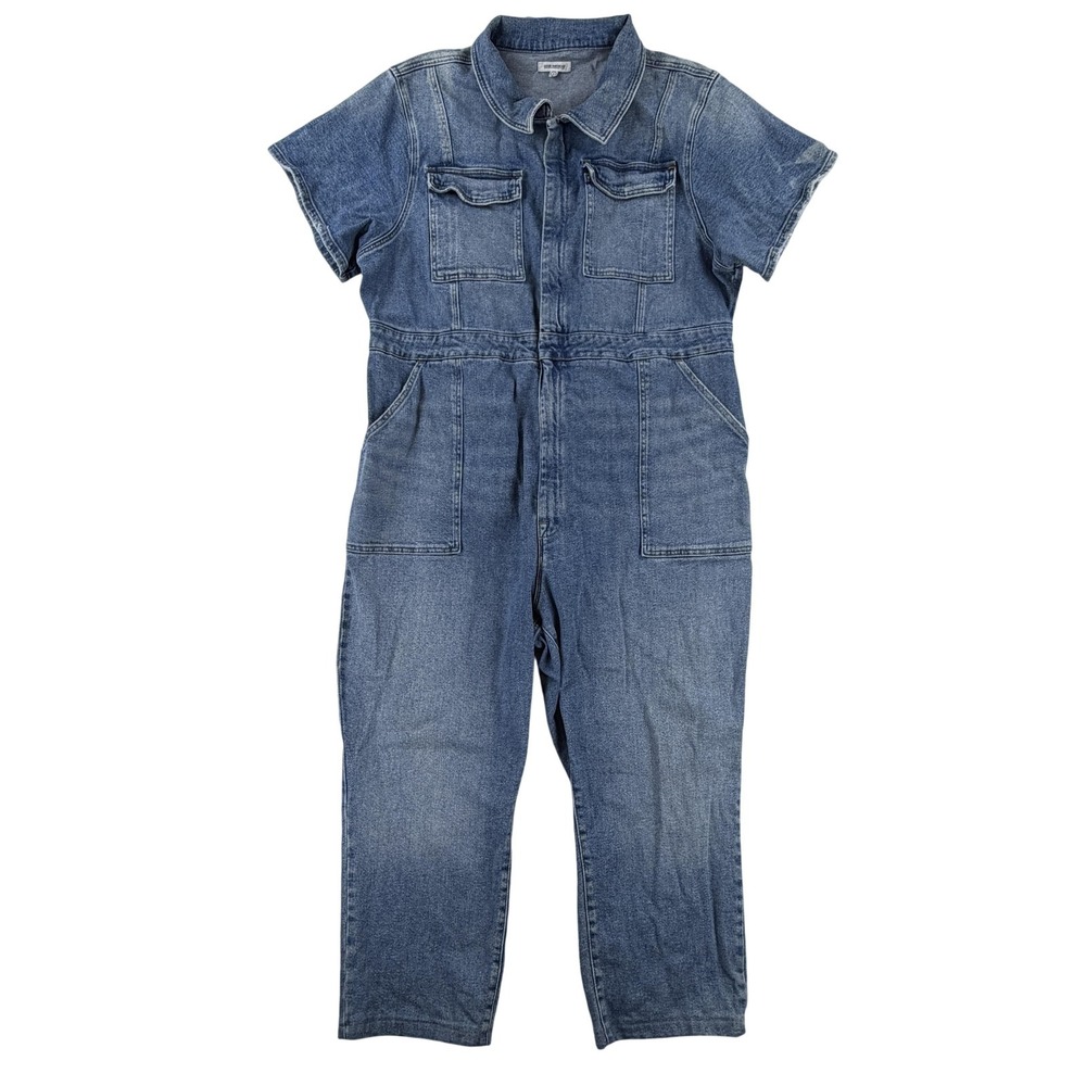 Good American Jumpsuit Womens 7 Blue Denim Utility Zip‎ Front Short Sleeve